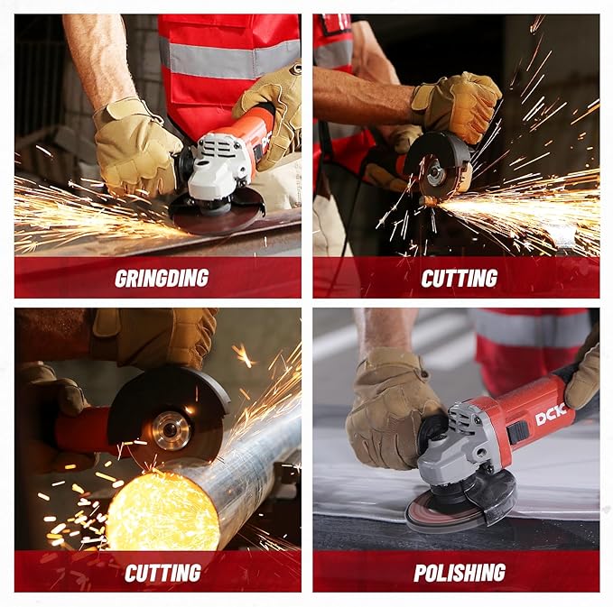 DCK 9.0 Amp Angle Grinder, 4-1/2 Inch Electric Grinder Power Tool, 11800 RPM, Auxiliary Handle and 2 Safety Guards, 6 Piece Discs, Copper Angle Grinder for Cutting, Grinding, Polishing (KSM17-115B)