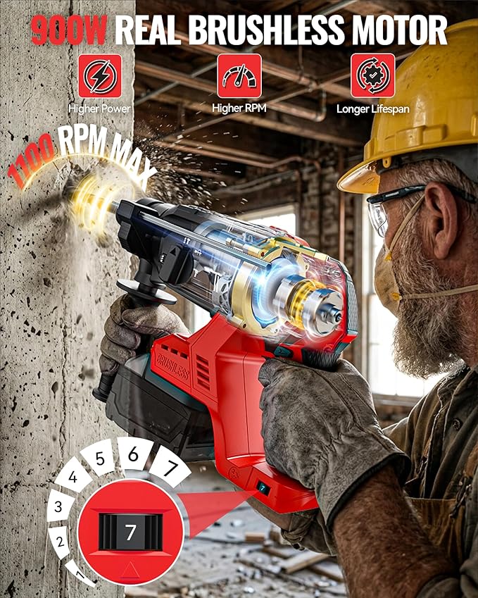MtiolHig 1" SDS-Plus Cordless Rotary Hammer Drill Compatible with Milwaukee 18V Battery, 3J Impact Energy Brushless Motor, 7-Speed Variable 4-Mode with 5 Chisel/Bit Set for Concrete/Masonry, Tool Only