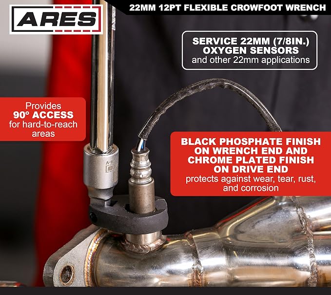 ARES 33014 1/2-In Drive Flexible Crowfoot O2 Sensor Wrench - 22mm 12pt | 180-Degree Flex Head for 90-Degree Access to Hard-to-Reach Bolts