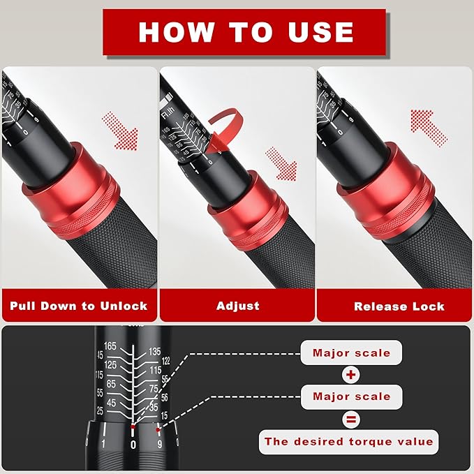 AEROFORCE 1/2-Inch Drive Torque Wrench（15-165 lb.ft / 20.4-224.4 Nm),72 Tooth Dual Direction Reversible Ratchet, Dual Range Scales, Precision Calibrated for Bike, Motorcycle and Car Repair