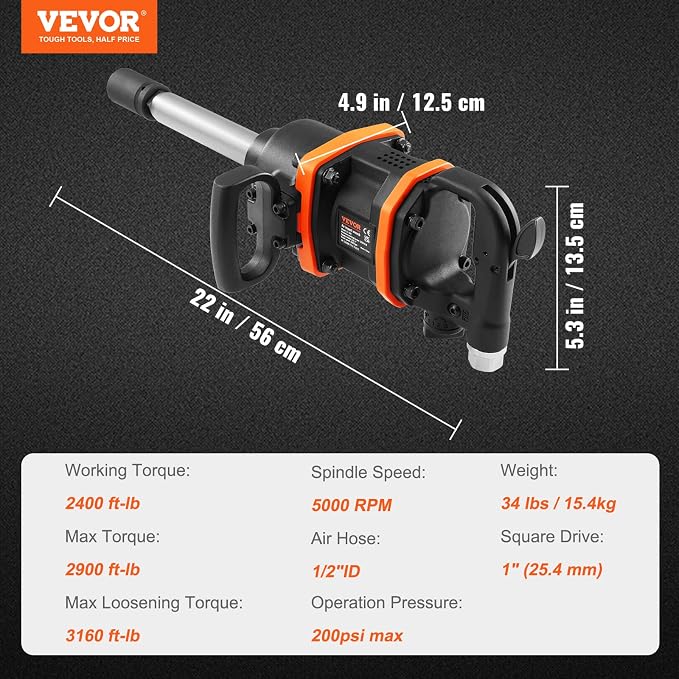 VEVOR 1 Inch Air Impact Wrench Up to 3160 ft-lbs High Reverse Torque Output | Pneumatic Impact Gun with 8 Inch Extended Anvil & Carrying Case, for Heavy Duty Repairs and Maintenance