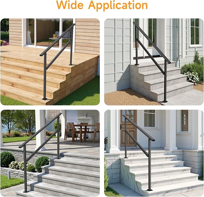 Hand Rails for Outdoor Steps 2-5 Steps Wrought Iron Handrails | Stair Railing for Porch, Home, Garden, Indoor, Staircase Handrails for Wooden, Cement, Brick, Marble (5 Steps)