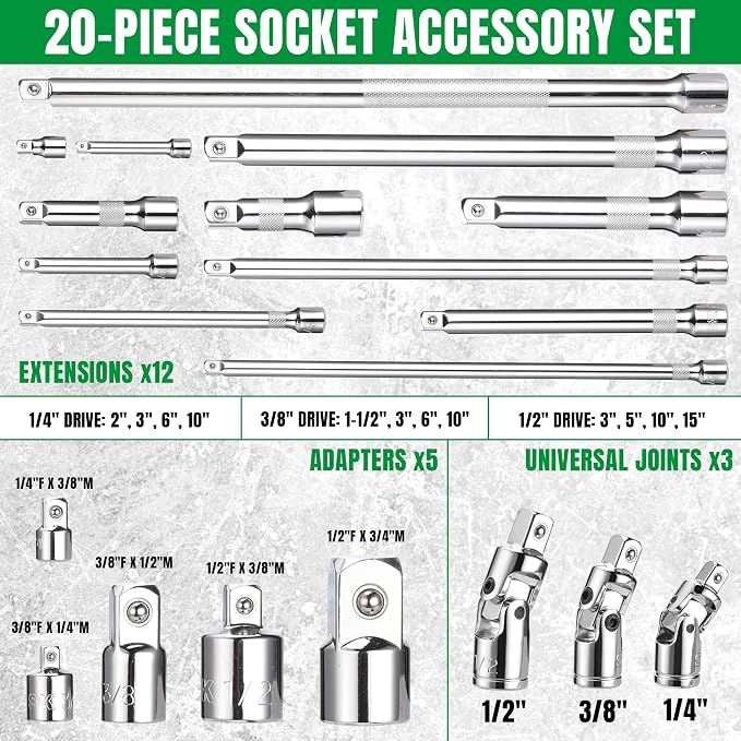 SK 20-Piece Socket Extension Set, 1/4", 3/8" & 1/2" Drive Ratchet Extension | Extension Bar, Swivel Universal Joints and Socket Adapters, Premium CR-V Steel, SuperKrome Finish