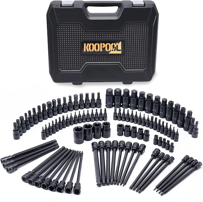 107-Piece Master Torx & Allen Bit Socket Set, 1/4" 3/8" 1/2" Drive,S2 Steel, Long Torx, Ball End Hex, Tamper-Resistant Star, E-Star Sockets, SAE & Metric (Phosphate-Black Set)