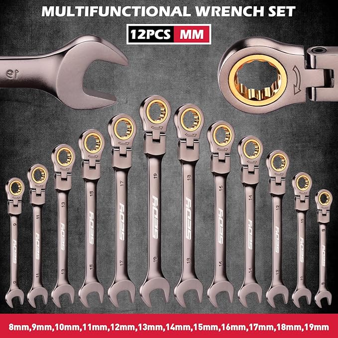 SEDY Premium 12-Piece Metric Flex-Head Ratchet Wrenches Set 8-19mm with Magnetic Organizer, Cr-V Steel Ratcheting Wrench Set with 72 Teeth 180° Flex Head, Ratchet Combination Wrench Set for Repair