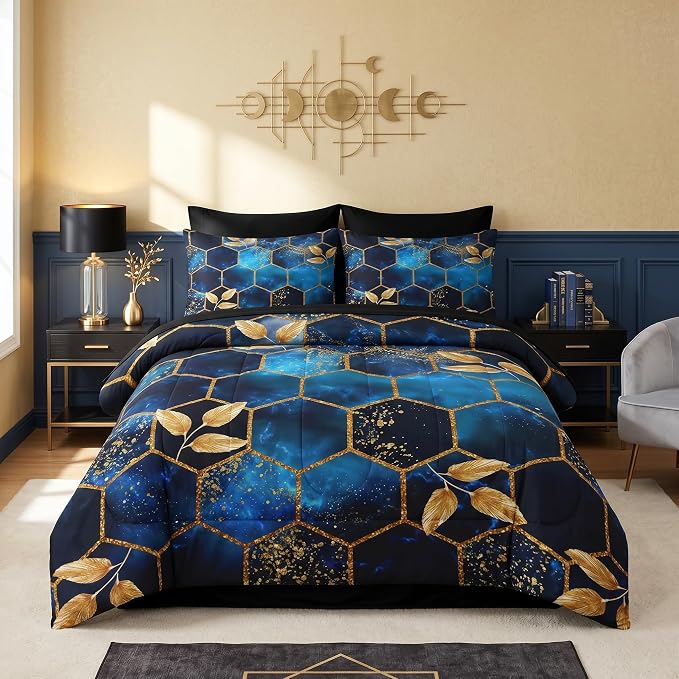 Nesker Comforter Set Queen Size, Luxury Geometric Hexagon 7 Pcs Bedding for Kids and Adults, Navy Blue Gold Marble Leaves Bed Sheet Sets with Fitted Sheet 2 Pillowcases & 2 Shams