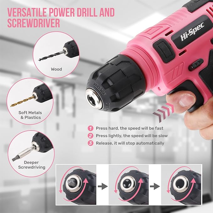 Hi-Spec Cordless Drill Set, 8V USB Pink Power Drill Driver & Screw Bit Set for Women. Ladies Cordless & Rechargeable Electric Drill Driver with Wall Hanging Kit