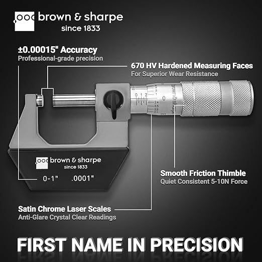 Brown & Sharpe Mechanical Outside Micrometer, 0-1 Inch, 0.0001 Inch Graduation, Tungsten Carbide Measuring Faces, Ratchet-Stop Mechanism, Satin Chrome Finished Scale