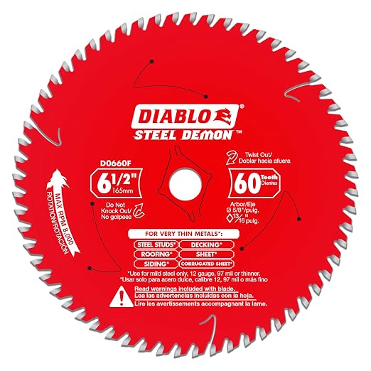 Diablo Steel Demon Saw Blade for Very Thin Mild Steels - 6-1/2" Diameter, 60 TCG Teeth, 5/8" Arbor, .061" Kerf, 0° Hook Angle, .051" Plate, 5000 Max RPM - D0660FA