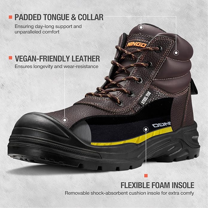 NINGO Steel Toe Work Boots for Men, Non Slip & Puncture Resistant Construction Boots with Breathable Lining, EH Protection, Comfortable Mens Safety Leather Work Shoes for Industrial, Walking Warehouse