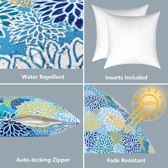 LVTXIII Outdoor Throw Pillows, Decorative Throw Pillows with Inserts, 20"x20" Square Pillows for Bed, Couch, Sofa and Patio Furniture, Set of 2, Dahlia Blue