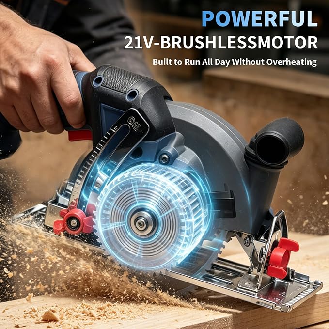 CloudDream 6-1/2" Cordless Circular Saw, 21V Brushless Circular Saw Kit with 2 x 4.0Ah Batteries, Fast Charger, 3 Blades, LED Light, 7000 RPM, 0-45° Bevel, 2-1/4" Max Cut Depth for Wood DIY