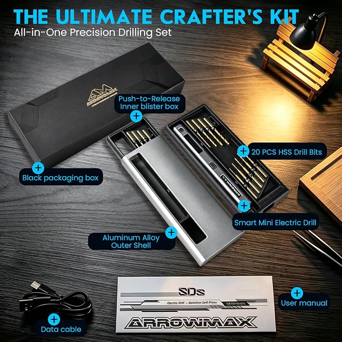 ARROWMAX 5-Speed Mini Electric Hand Drill with 20pcs Drill Bits & OLED