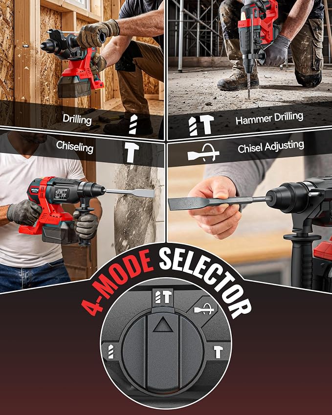 MtiolHig 1" SDS-Plus Cordless Rotary Hammer Drill Compatible with Milwaukee 18V Battery, 3J Impact Energy Brushless Motor, 7-Speed Variable 4-Mode with 5 Chisel/Bit Set for Concrete/Masonry, Tool Only