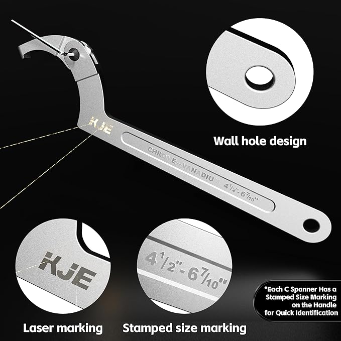 KJE 10PCS Adjustable Pin Spanner Nut Wrench Tool Set, C-Shape Pin Hook Wrench Tools with Replaceable Heads for Pipes Heating Cars, Coilover Wrenches for Suspension System, Bearing, 3/4" to 6-7/10"