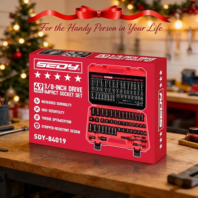 3/8" Drive Impact Socket Set - 49-Piece SAE (5/16 to 3/4 inch) and Metric (8-22mm) Sizes with Extension Bars and Universal Joint Standard & Deep CR-V Material for High Durability Impact Wrench