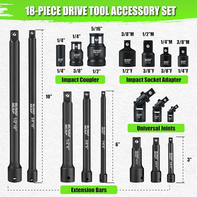 18-Piece Impact Socket Extension Set - 1/4" 3/8" 1/2" Drive Socket Extension Bars, Includes Ratchet Extension Set, Socket Adapter Set, Swivel Universal Joints & Impact Coupler, CR-V Steel