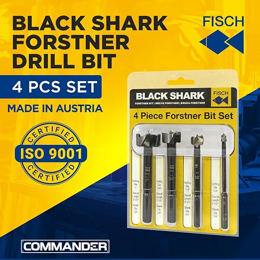 Fisch Black Shark Forged Steel Forstner Drill Bit Set for Woodworking, Precision Wave Design, Clean Cuts in Hardwoods, MDF, and Plywood, Made in Austria (4 Pcs. Set Inc.(1/4" to 1") in Blister Pack)