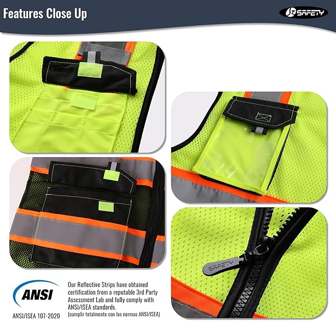 JKSafety Hi Vis Reflective Safety Vests for Men Women High Visibility Vest with Pockets Mesh Fabric Construction Safety Apparel Neon Vest for Work (220-YBlack L)