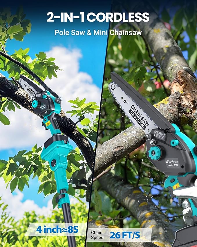 Electric Pole Saws for Tree Trimming, 2x4000mAh Brushless Mini Chainsaw Cordless with Extension Pole, Battery Powered Hand Held Chain Saw Pole Pruner for Cutting Tree Limbs, Gifts for Mother's Day