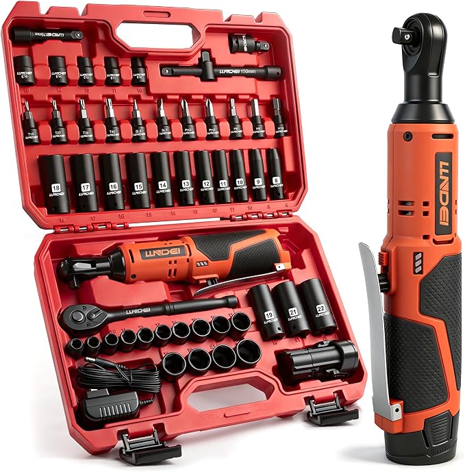 LLNDEI 3/8" Cordless Electric Ratchet Wrench Set 52Pcs | 40FT-LBS Torque, Variable Speed, LED Light, Includes Sockets & Adapters, Ideal for Automotive Repair, DIY Garage
