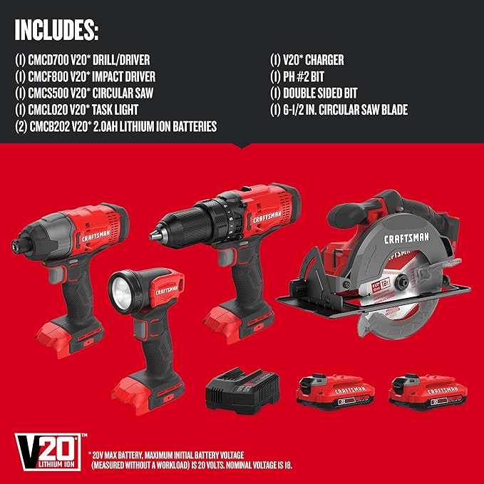 CRAFTSMAN V20 MAX Cordless Power Tool Kit, Circular Saw with 6 1/2 inch Blade, 1/4 inch Impact Driver, 1/2 inch Drill/Driver, LED Task Light, Battery and Charger Included (CMCK401D2AM)