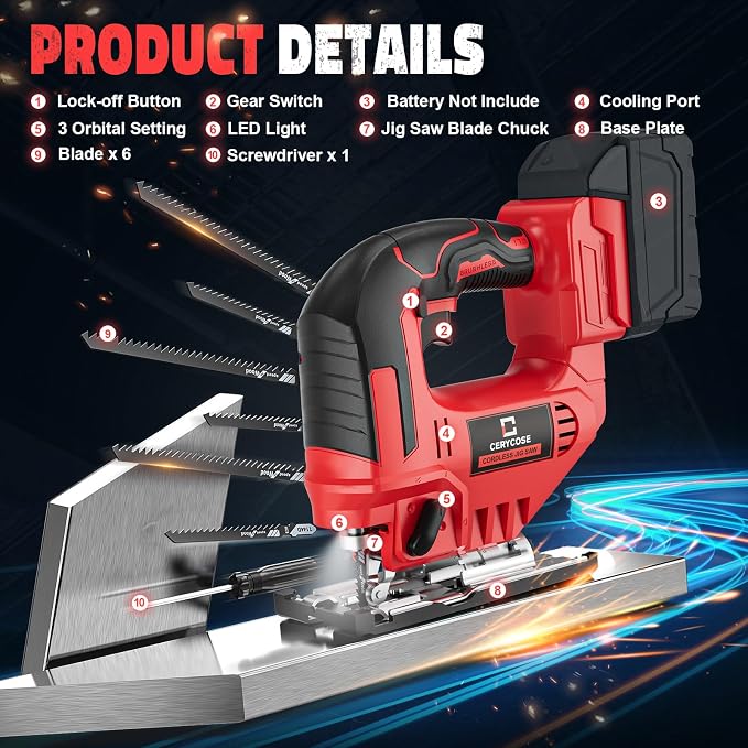 Cerycose Jigsaw Compatible With Milwaukee 18V Battery, Cordless jig saw tool With LED Light, 0°- 45° Bevel Cuts, 3 Position Orbital Setting for Straight/Curve/Bevel/Circle Cutting, Tool Only