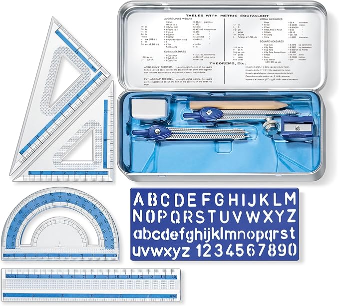STAEDTLER 10-Piece Math Set with Metal Compass, 6" Ruler & Triangle Squares, 45° & 30/60° Set Squares, Alphabet Stencil - Measuring Tools