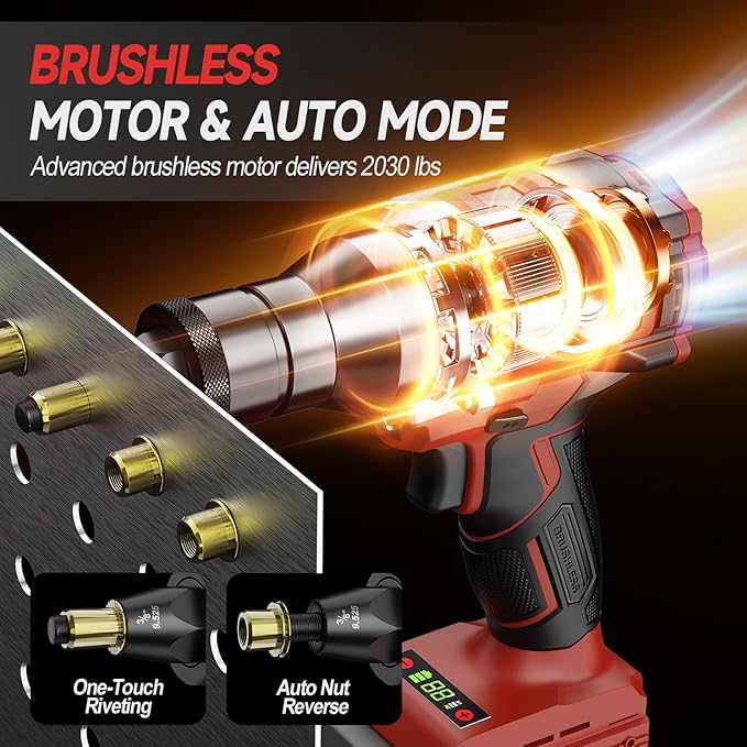 Cordless Rivet Nut Gun for Milwaukee 18V Battery, Electric Rivet Nut Tool with 1/4", 5/16", 3/8" Nut Head, Portable Battery Powered Rivetnut Tool, Auto Mode & Memory Mode, Tool Only