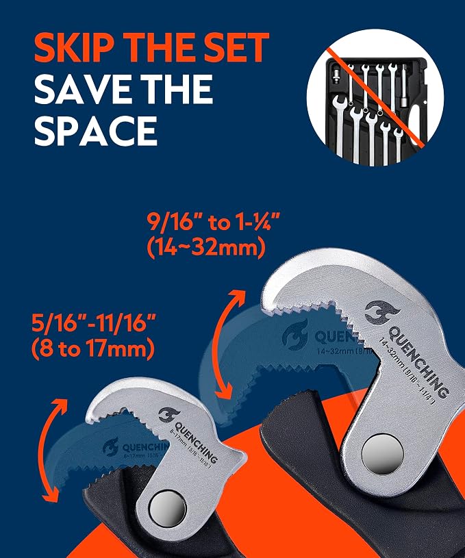 QUENCHING 2-Piece Self-Adjusting Crowfoot Wrench Set, 7.5" (5/16"–11/16", 8–17mm) & 9.5" (9/16"–1-1/4", 14–32mm), Rust Resistant Power Grip, Space-Saving Tool for Car & Home Repairs