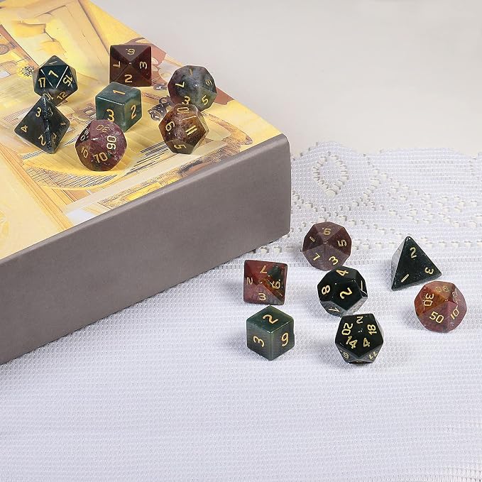 mookaitedecor 7 PCS Indian Agate Crystal Polyhedral DND Dice Set, Polished Tumbled Stones Dices for RPG MTG Table Games Home Decoration