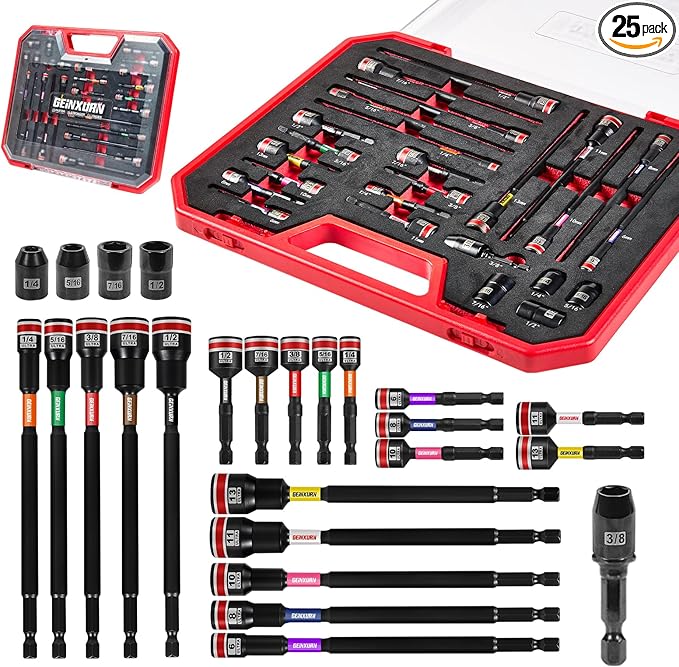 Geinxurn 25Pieces Magnetic Nut Driver Set for Impact Drill Metric and SAE Sizes with Plastic Tool Box Storage, Built for Professional & DIY Projects