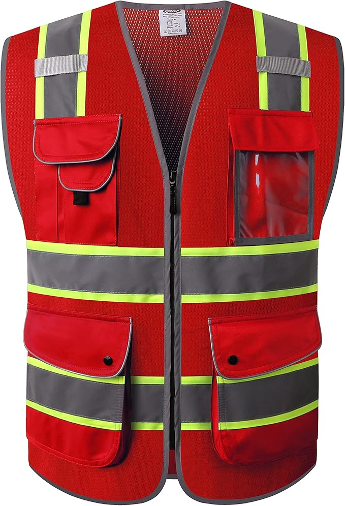 JKSafety 9 Pockets Hi-Vis Neon Red Zipper Front MESH Safety Vest with Fluorescent Yellow Extend Edge outlining the Reflective Tapes Meet ANSI/ISEA Class 2 Standard (100-Red, 4X-Large)