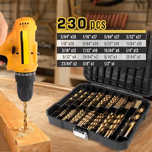 230 Pcs Titanium Twist Drill Bit Set for Metal and Wood,Coated HSS Conventional 118 Deg Tip Titanium Drill Bit Kit Set, Drill Bits Kit with Storage Case, 3/64"-1/2"