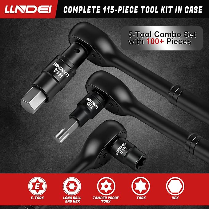 LLNDEI 115Pc Torx & Allen Bit Socket Set 1/4 3/8 1/2" Drive | Extra Long & Tamper Proof Torx, Hex & Ball Hex, S2 Steel, SAE/Metric, Ratchet & Adapters, for Auto, Machinery & Industrial