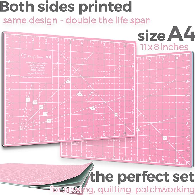 Rotary Cutter Set - Quilting Kit incl. 45mm Fabric Cutter, 5 Replacement Blades, A4 Cutting Mat, Acrylic Ruler and Craft Clips - Ideal for Crafting, Sewing, Patchworking, Crochet & Knitting (Pink, A4)