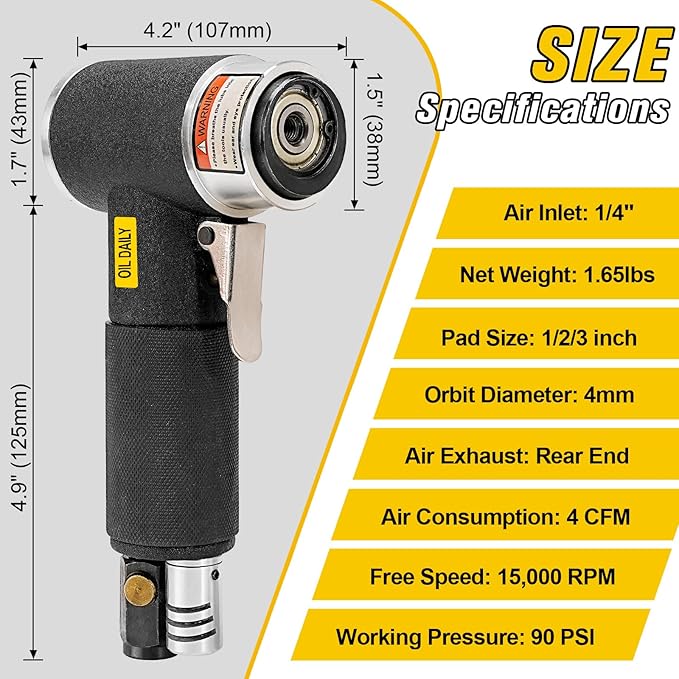 SI FANG 1'' 2'' 3'' Mini Random Orbital Air Sander Kit, High Speed Pneumatic DA Sanders Polisher for Auto Body Work, Includes 27Pcs 1/2/3in Polishing Sponge & Wool Pads, 15Pcs Sandpapers (Black)