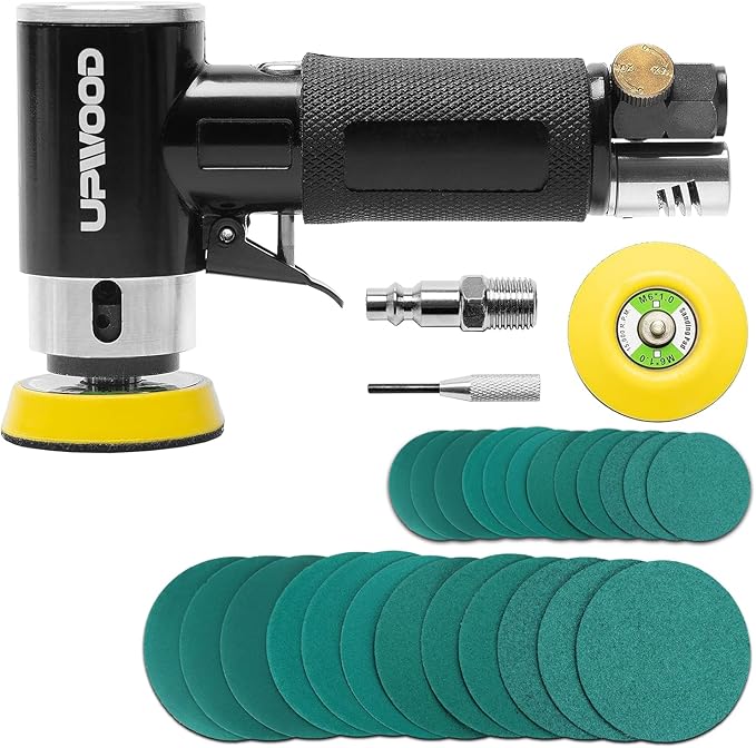 2'' 3'' Mini Orbital Air Sander by UPWOOD, Small Pneumatic Random Orbital Sander Kit with Hook And Loop Sanding Pads 24pcs Sandpapers