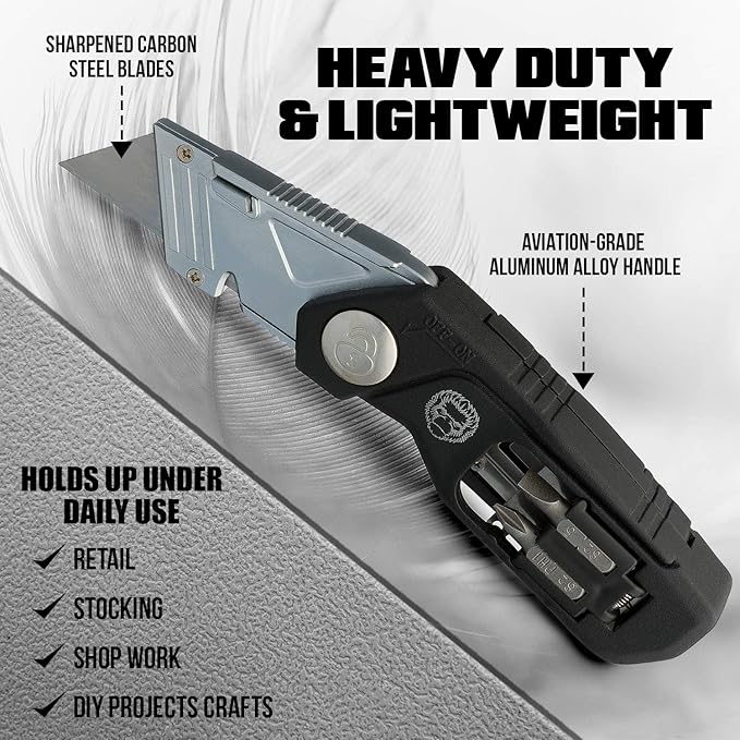 Folding Utility Knife & Box Cutter Combo with Screwdriver Bits, Wire Stripper, Quick-Change Blades, Belt Clip & Refills - Versatile Everyday Carry Tool