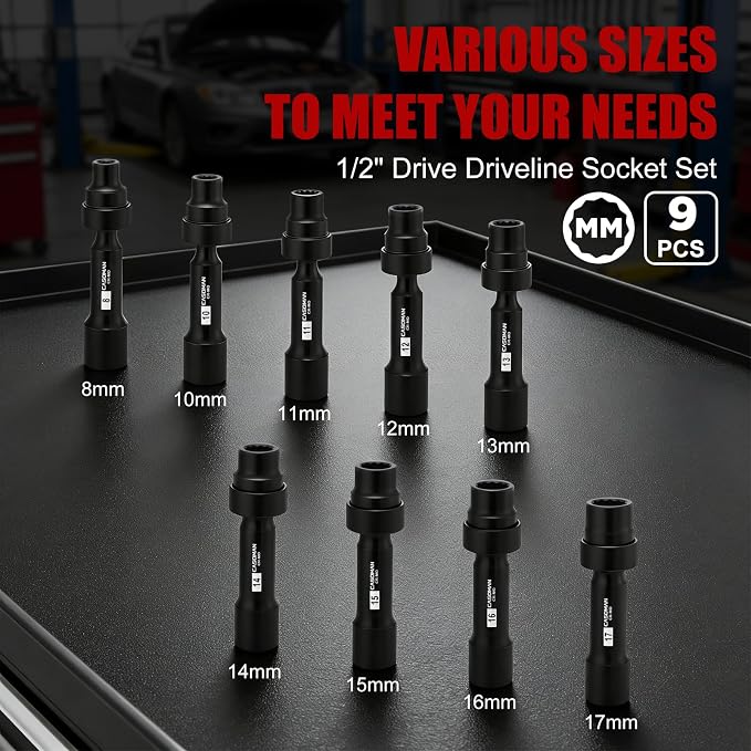 CASOMAN 9-Piece 1/2 Inch Drive Driveline Limited Clearance Socket Set, Deep Impact Swivel Socket Set, 12-Point, Metric, 8mm - 17mm, Cr-Mo Steel, with Heavy Duty Storage Case