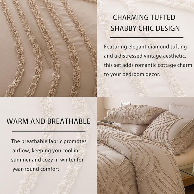 Nttopship Khaki Queen Comforter Set - 7 Pieces Bed in a Bag, Premium Comforters Queen Size Bed Set Tufted Shabby Chic Bedding Comforter Set with Flat Sheet, Fitted Sheet and Pillowcases,Khaki