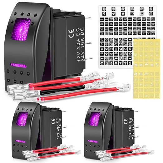 Nilight 3 Pack Rocker Switches with Night Glow Stickers On Off 5 PIN SPST LED Switch Pinkish Purple Backlit 12V/24V for Cars Trucks RVs Boats Auto Motorcycles