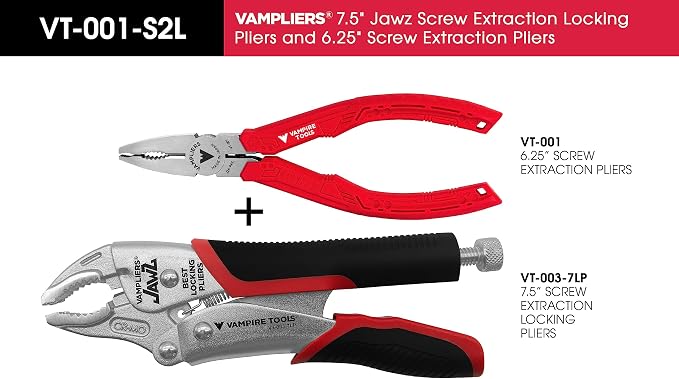 VAMPLIERS 2-PC Specialty Screw Extraction Pliers Set: Includes JAWZ 7.5" Vise-Grip Locking Pliers + 6.25" Multipurpose Pliers with Wire Cutter: VT-001-S2L