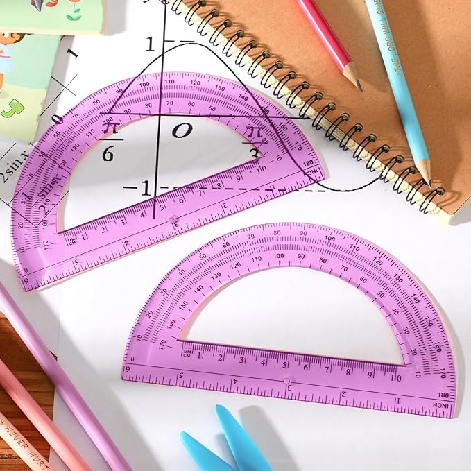 EBOOT Plastic Protractor Math Protractors 180 Degrees, 6 Inch, Pack of 2 (Pink)