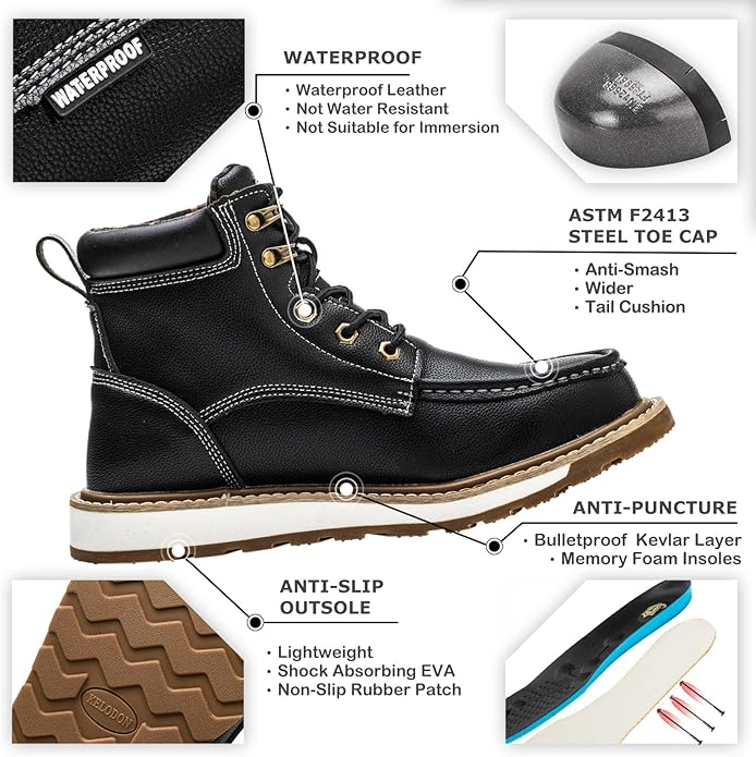 KELODON Waterproof Steel Toe Boots For Men-6" Leather Moc Toe Work Boots Mens Steel Toe Shoes Indestructible Non Slip Resistant Construction Safety Boot