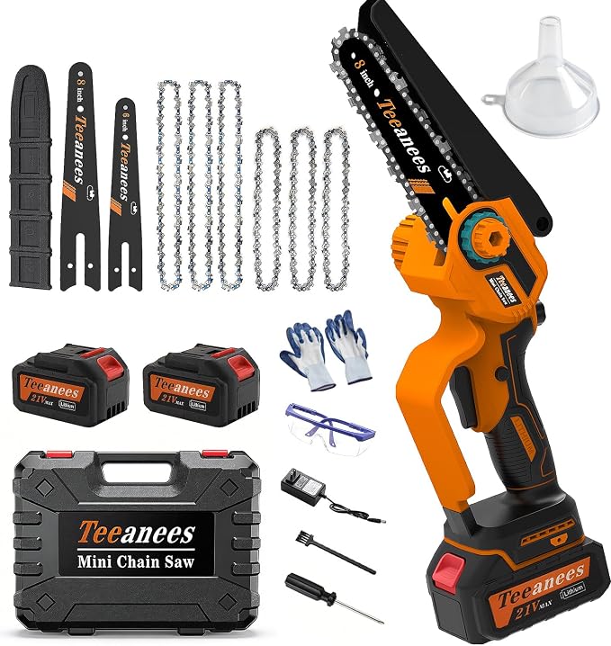8" Mini Chainsaw Cordless, 1200W Brushless Electric Chain Saw with 2x 4000mAh Batteries & 6 Chains, 2-in-1 Dual Bar (8" & 6") Battery Powered Chainsaw, for Tree Trimming (Orange)