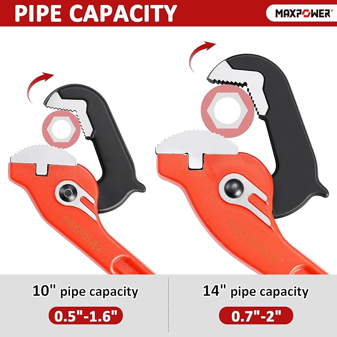 MAXPOWER 10"&14" Pipe Wrenches, 2-Piece Self-Adjusting Pipe Wrench, Rapid Grip Quick Self-Adjust Plumbing Wrench for Household Maintenance