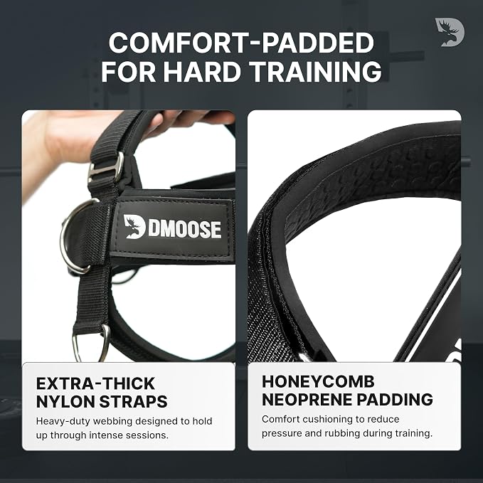 DMoose Fitness Neck Harness for Weight Lifting - Soft Padded Head & Chin Strap with 30" Heavy Duty Steel Chain - Neck Exerciser, Trainer & Strengthener to Support Injury Recovery and Intense Workouts