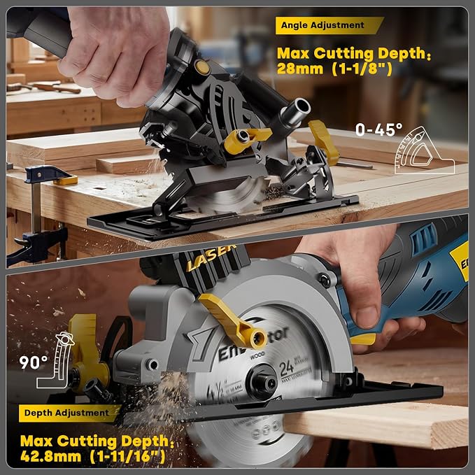 Enventor Mini Circular Saw, 5.8A 4-1/2" Electric Circular Saws with 6 Saw Blades, Laser Guide, 3,500RPM Max Cutting Depth 1-11/16"(90°), 1-1/8"(45°) for Soft Metal, Wood, Tile Cutting