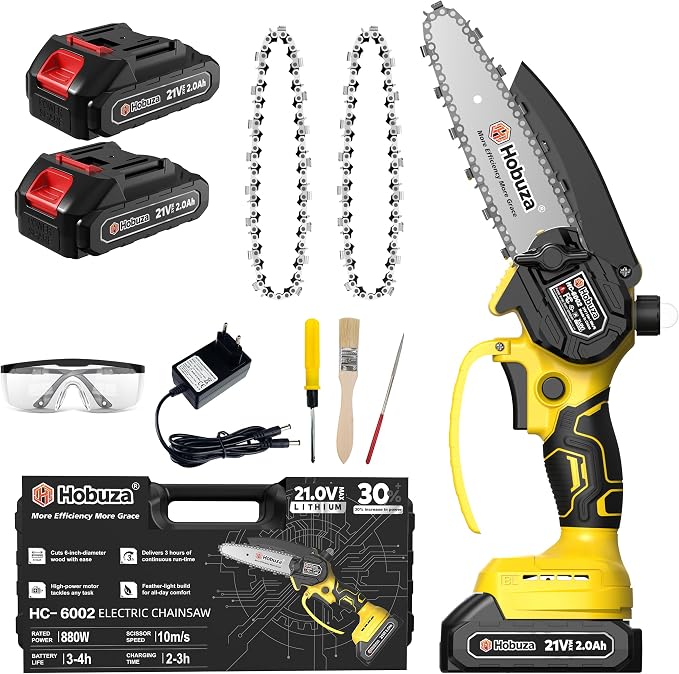 HOBUZA 6 Inch Brushless Mini Chainsaw, Lightweight One-Hand Saw for Pruning | 880W Brushless, Lightweight 1-Handed & Women-Friendly, 2x2.0Ah Batteries 4-6H Runtime, Auto Oiler, Safety Lock for Tree Work